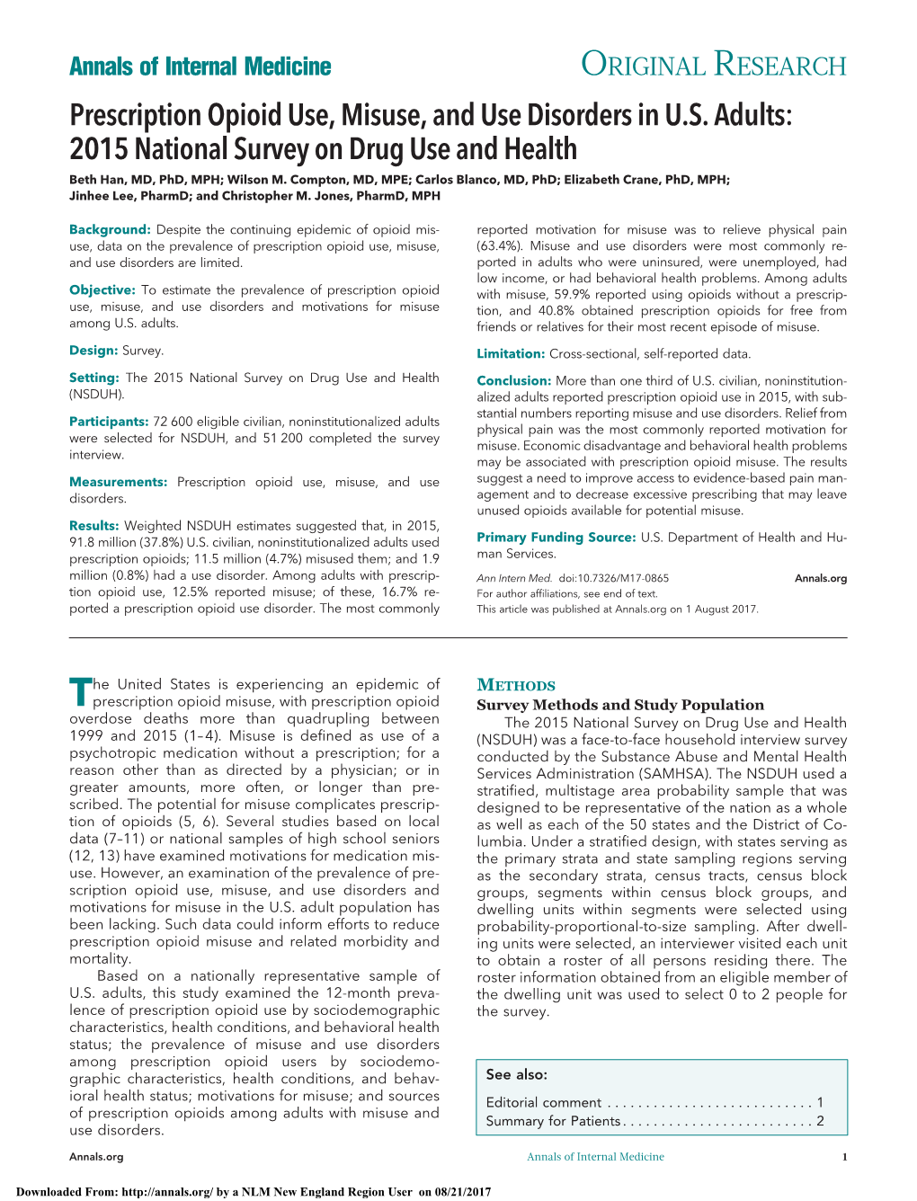 Prescription Opioid Use, Misuse, and Use Disorders in US Adults