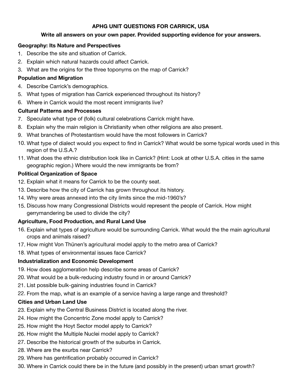 APHG UNIT QUESTIONS for CARRICK, USA Write All Answers on Your Own Paper