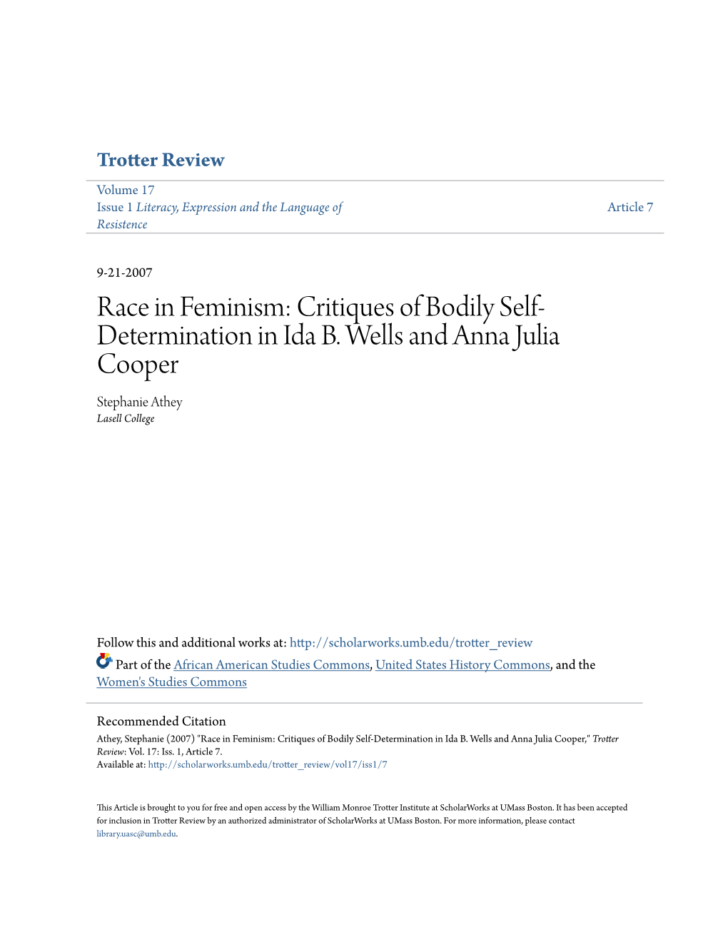 Critiques of Bodily Self-Determination in Ida B. Wells and Anna Julia Cooper,