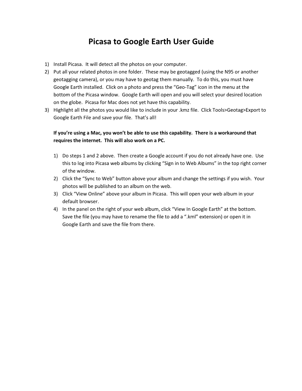 Picasa to Google Earth User Guide