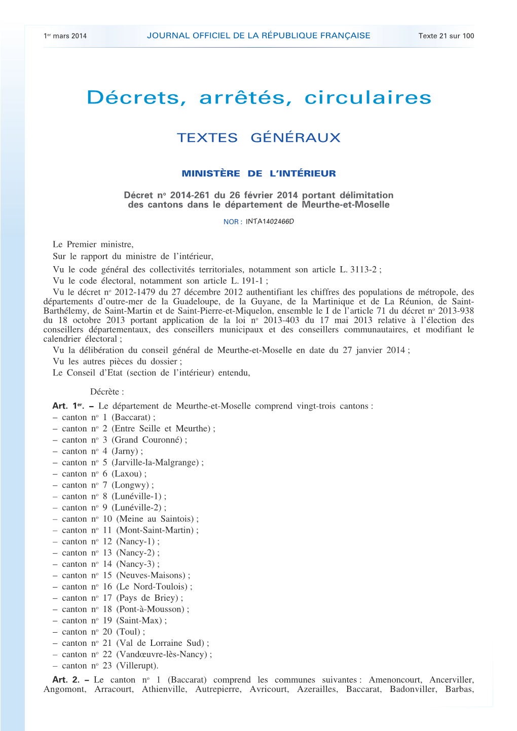 JOURNAL OFFICIEL DE LA RÉPUBLIQUE FRANÇAISE Texte 21 Sur 100