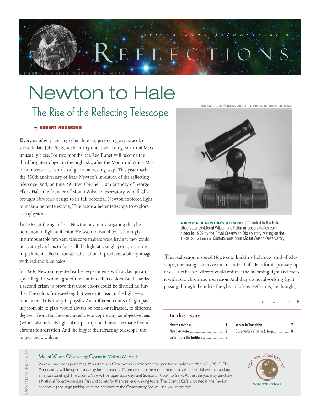 Newton to Hale Huntington Library/Observatories of the Carnegie Institution for Science the Rise of the Reflecting Telescope