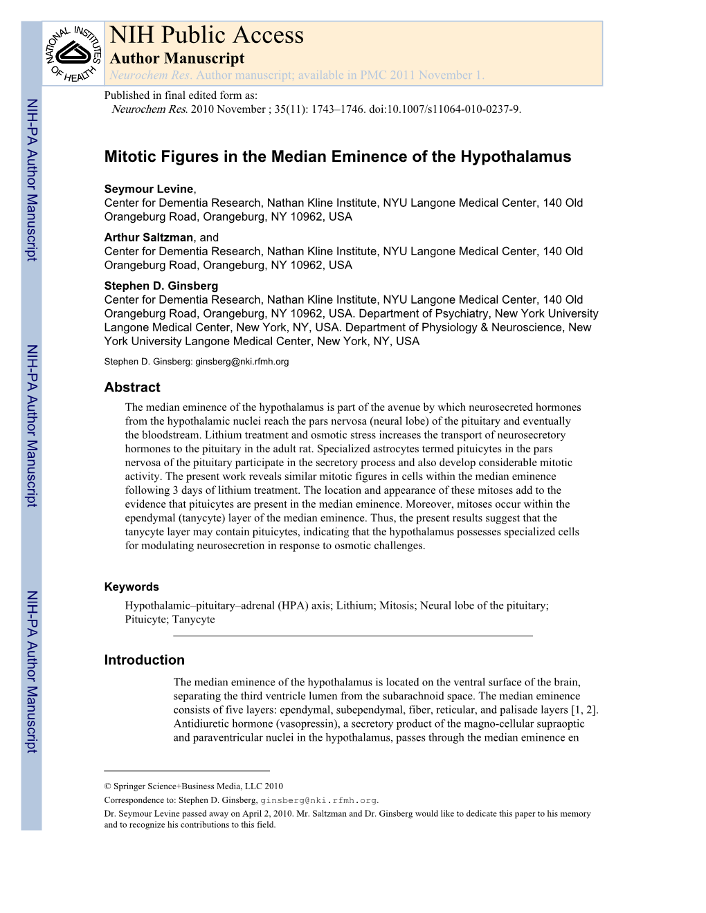 NIH Public Access Author Manuscript Neurochem Res