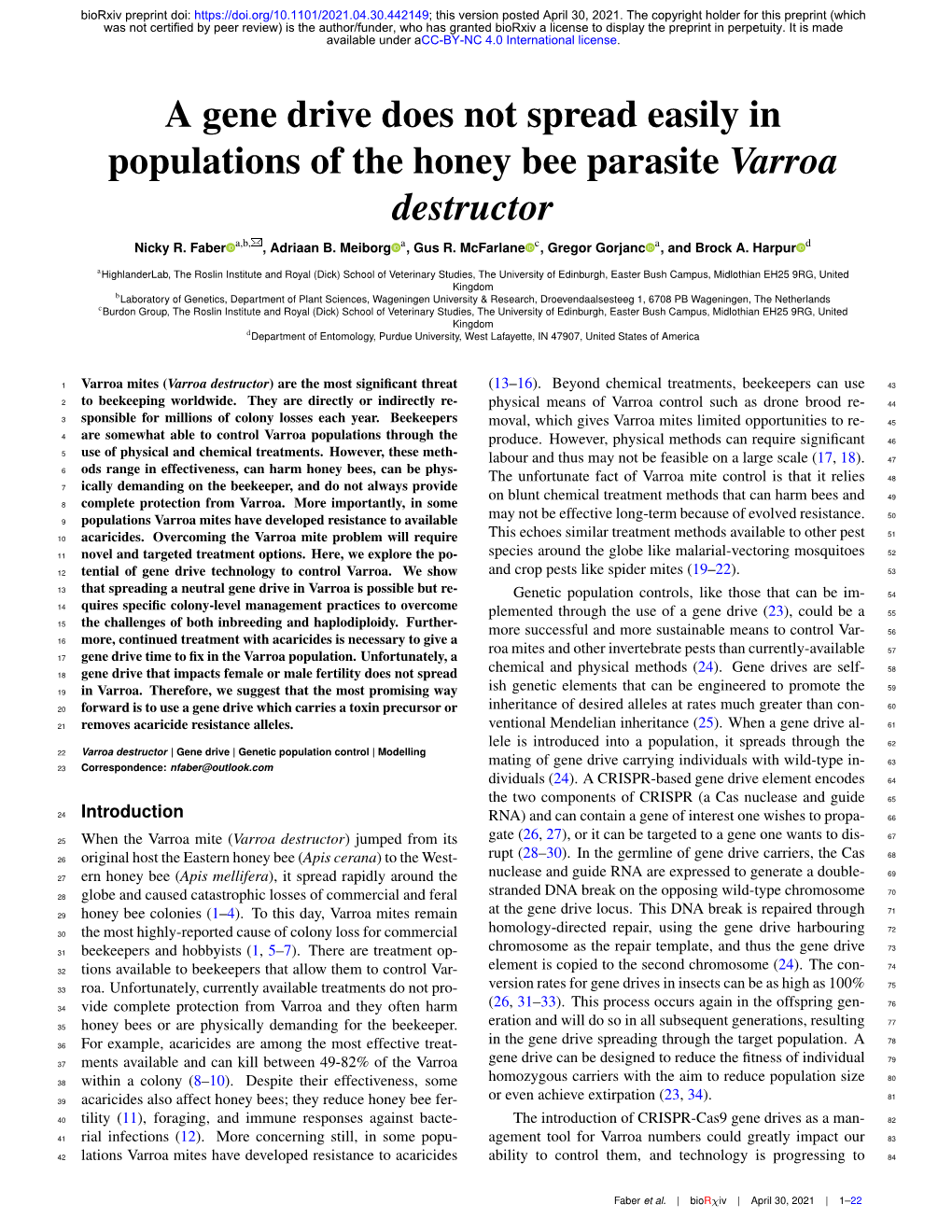 A Gene Drive Does Not Spread Easily in Populations of the Honey Bee Parasite Varroa Destructor