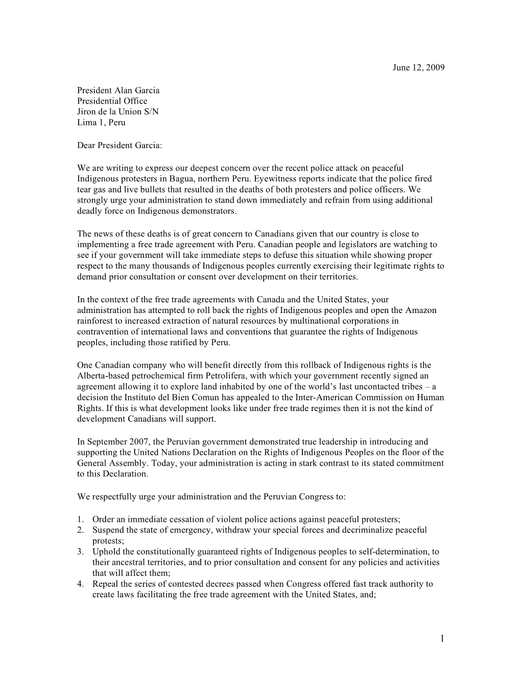 Letter to President Alan Garcia June 12,2009