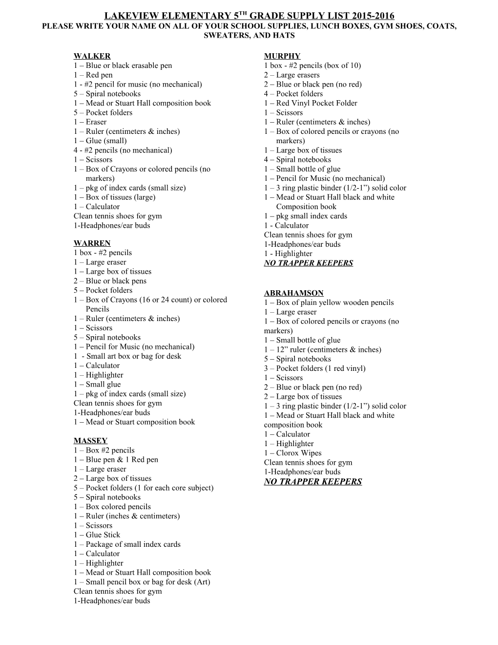 Supply Lists for Fifth Grades