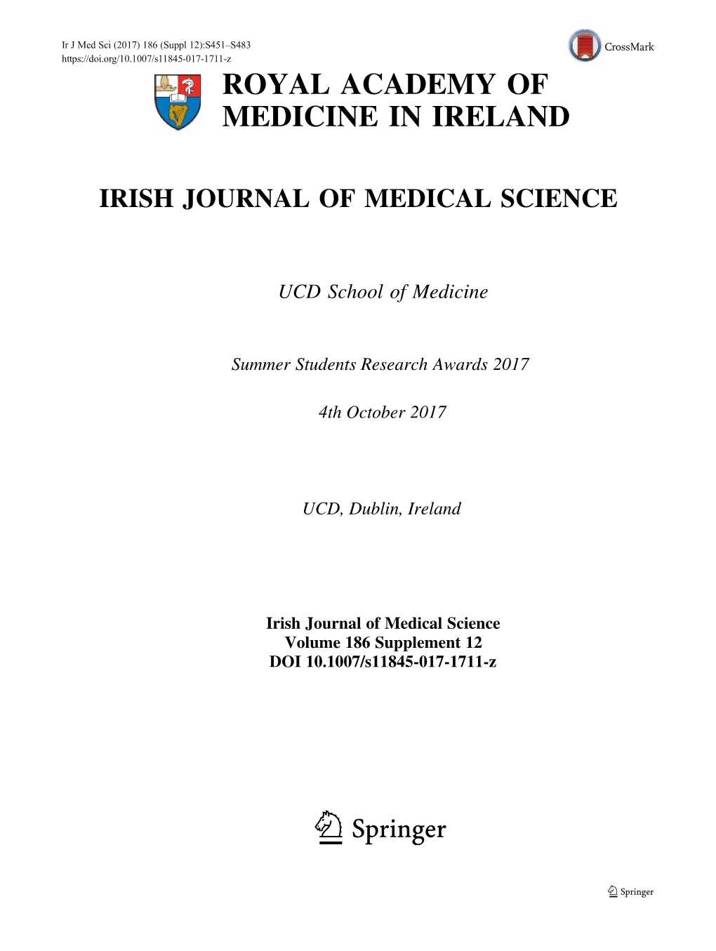 UCD School of Medicine, Summer Student Research Awards 2017, 4Th October 2017, UCD, Dublin, Ireland