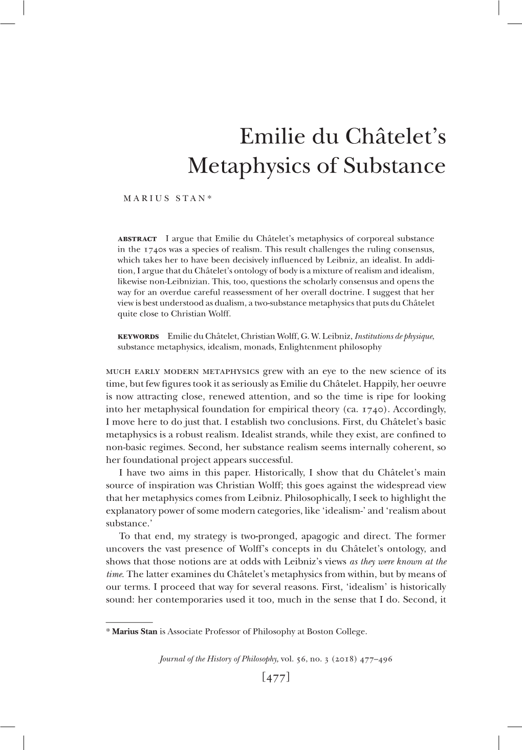 Emilie Du Châtelet's Metaphysics of Substance