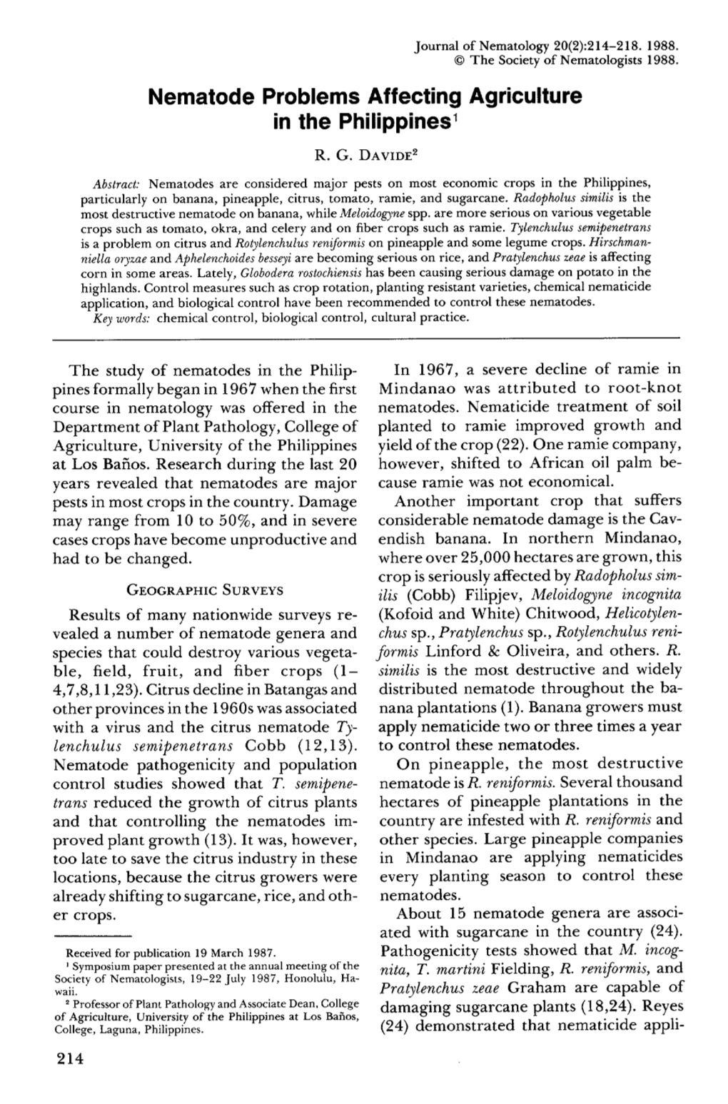 Nematode Problems Affecting Agriculture in the Philippines 1 R