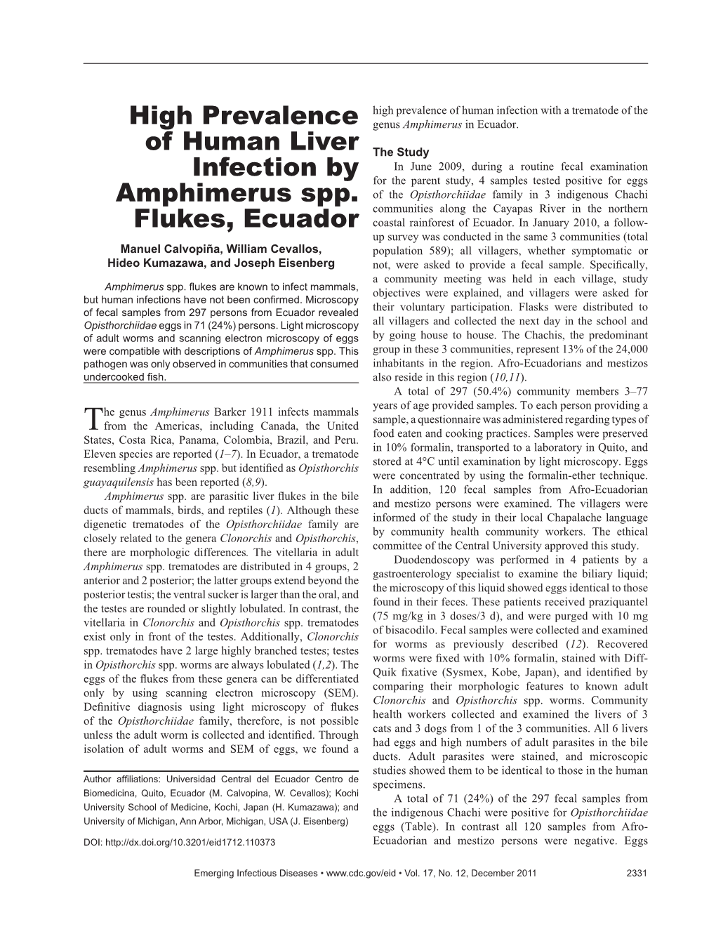 High Prevalence of Human Liver Infection by Amphimerus Spp