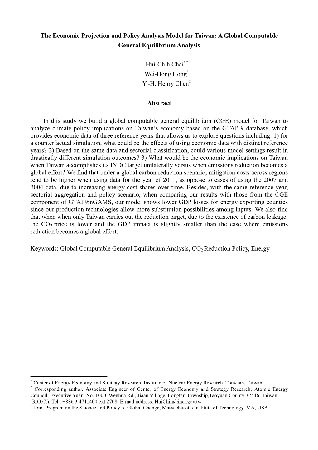 The Economic Projection and Policy Analysis Model for Taiwan: a Global Computable General Equilibrium Analysis