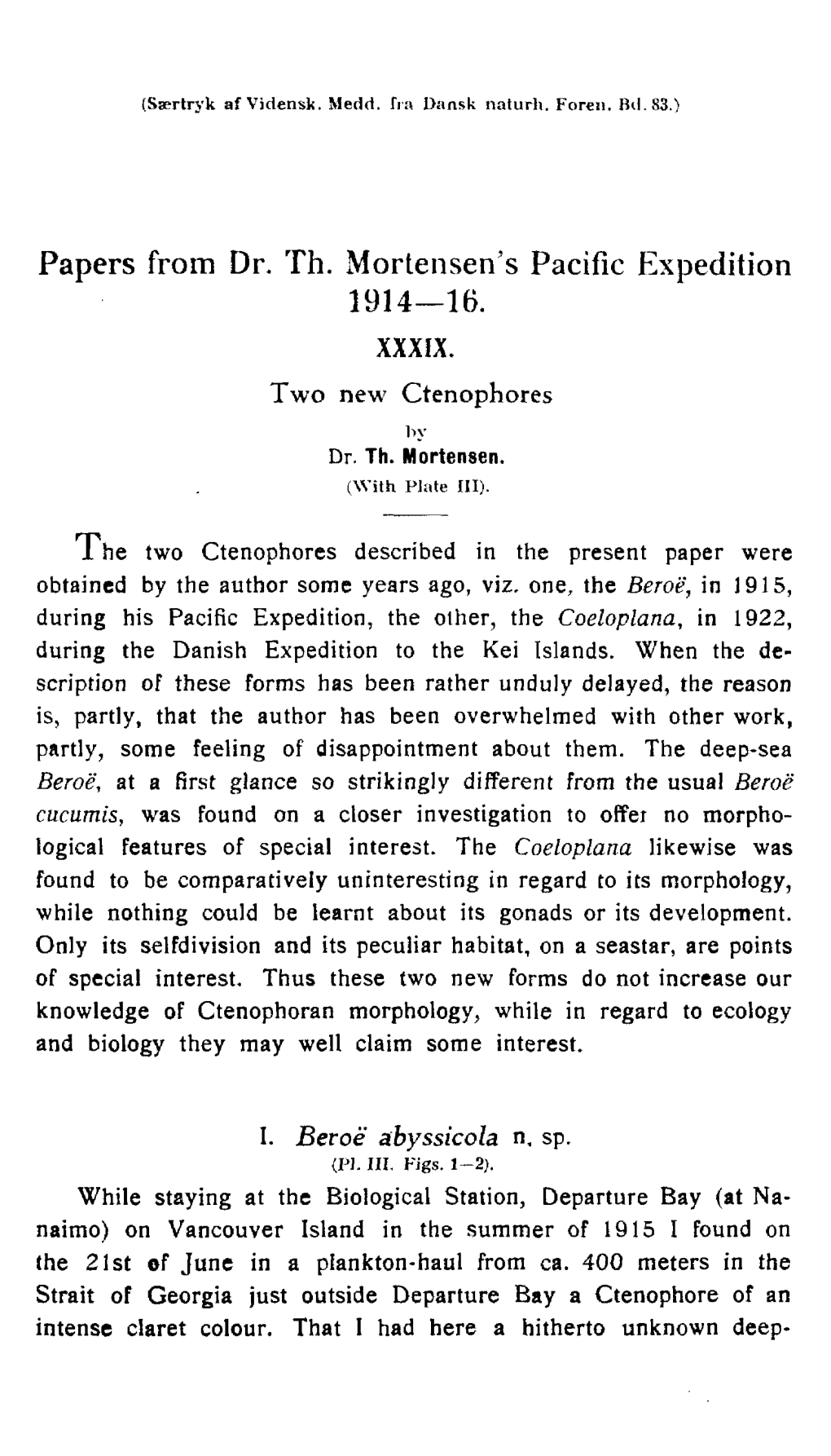 Papers from Dr. Th. Mortensen's Pacific Expedition