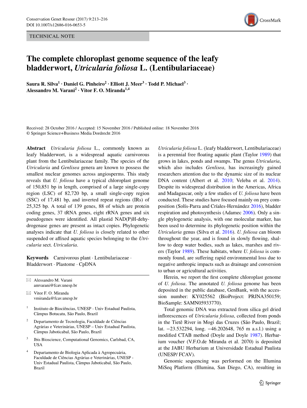 The Complete Chloroplast Genome Sequence of the Leafy Bladderwort, Utricularia Foliosa L