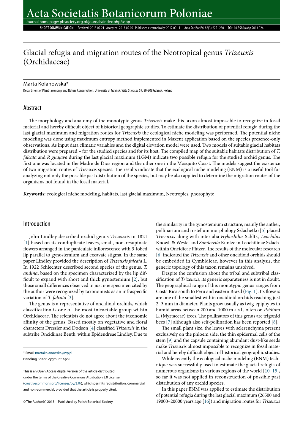 Glacial Refugia and Migration Routes of the Neotropical Genus Trizeuxis (Orchidaceae)