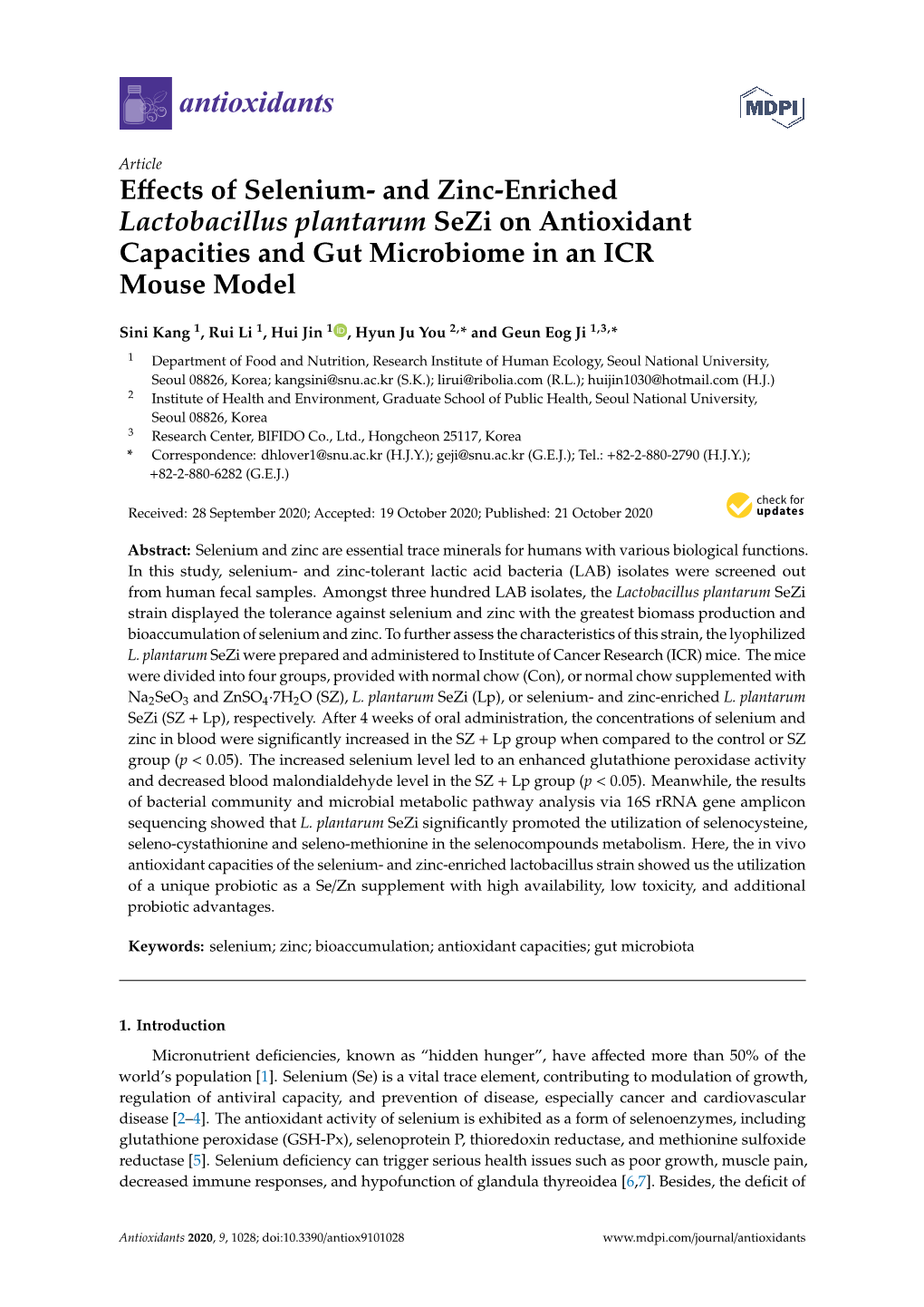 And Zinc-Enriched Lactobacillus Plantarum Sezi on Antioxidant Capacities and Gut Microbiome in an ICR Mouse Model