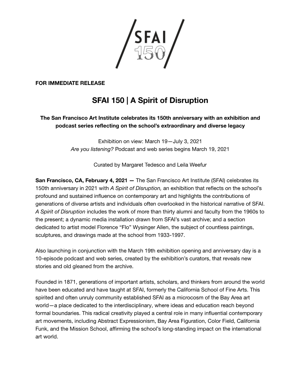 SFAI 150 | Spirit of Disruption Press Release