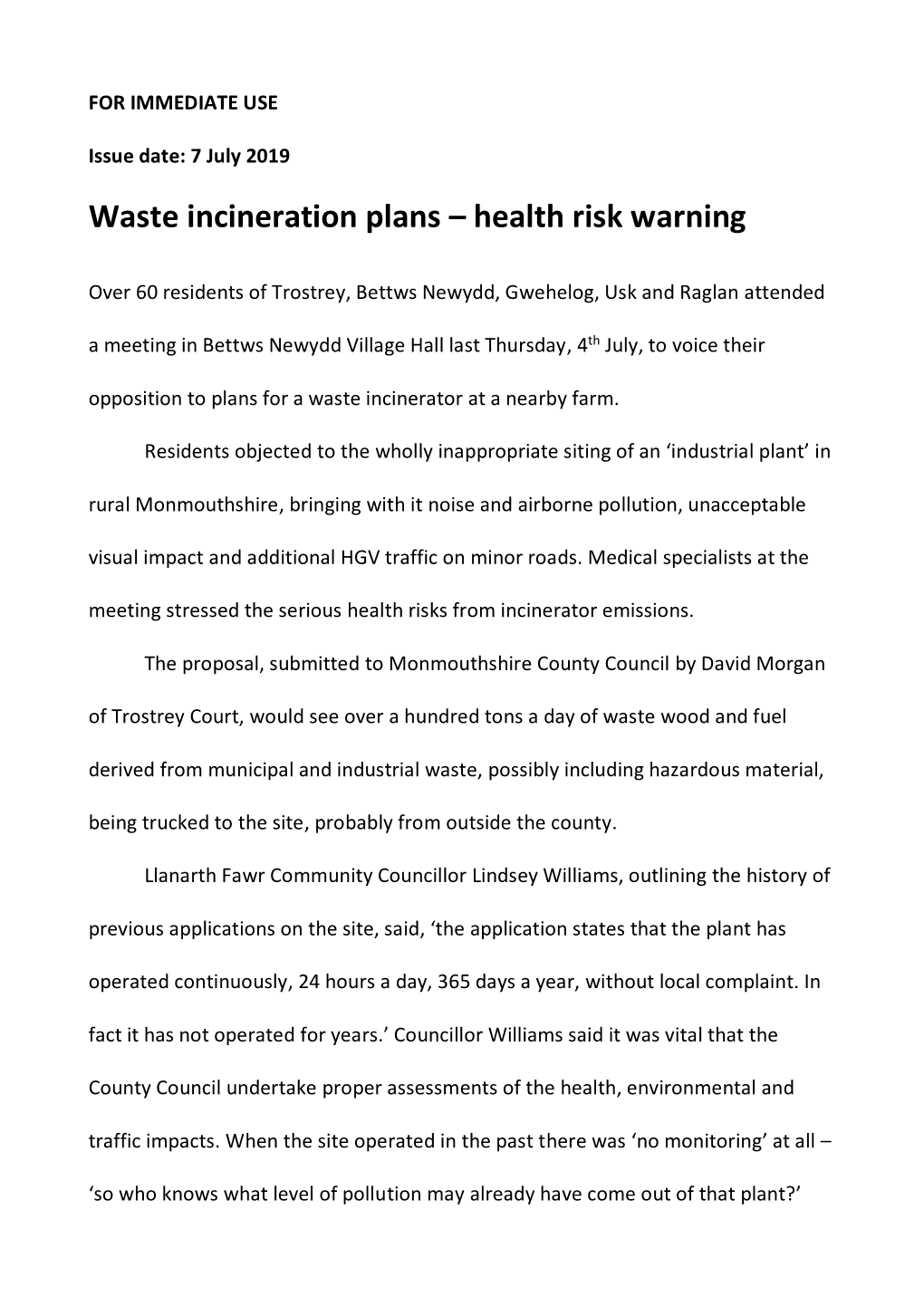 Waste Incineration Plans – Health Risk Warning