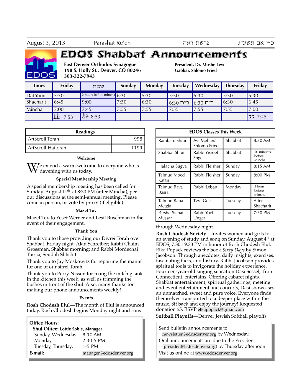 EDOS Shabbat Announcements East Denver Orthodox Synagogue President, Dr
