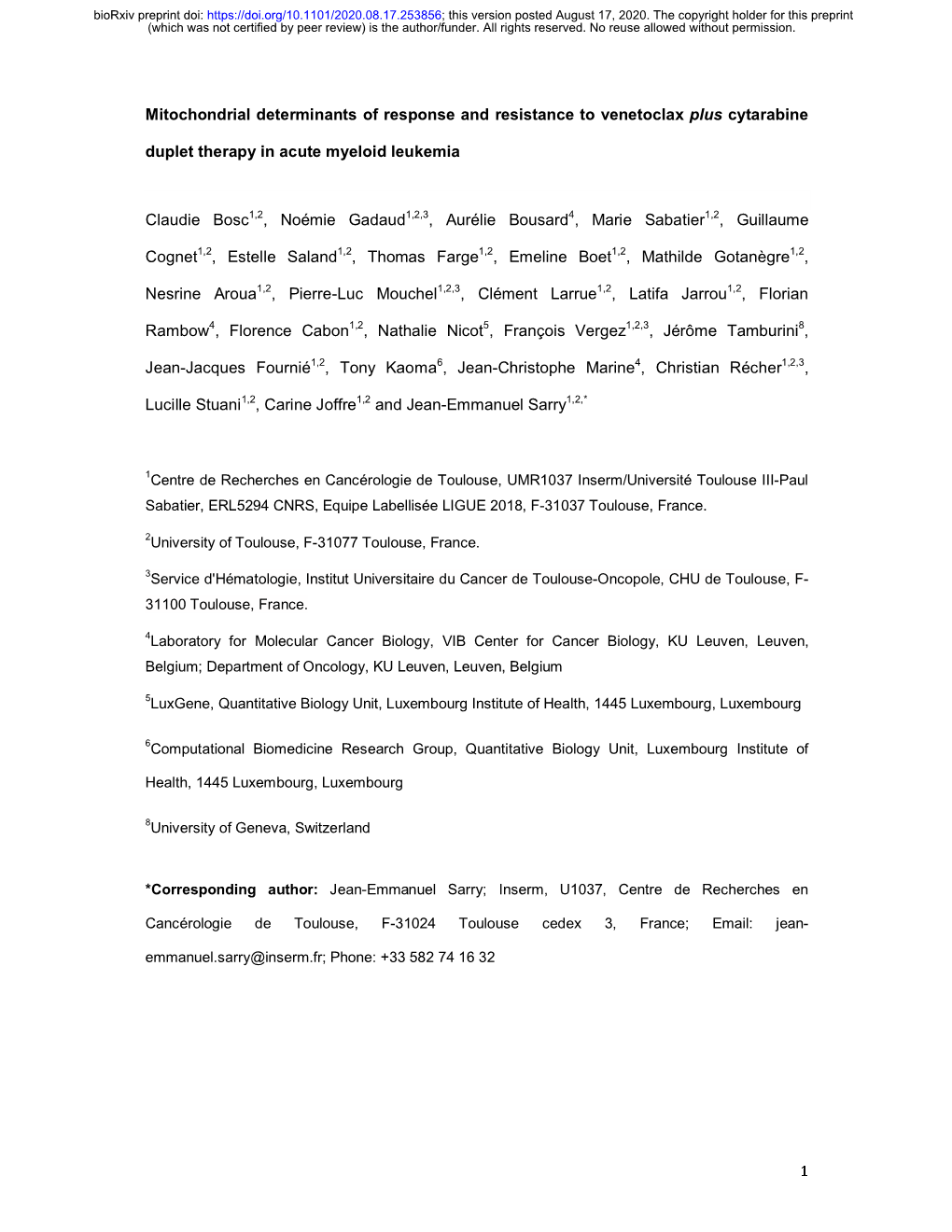 Mitochondrial Determinants of Response and Resistance to Venetoclax Plus Cytarabine