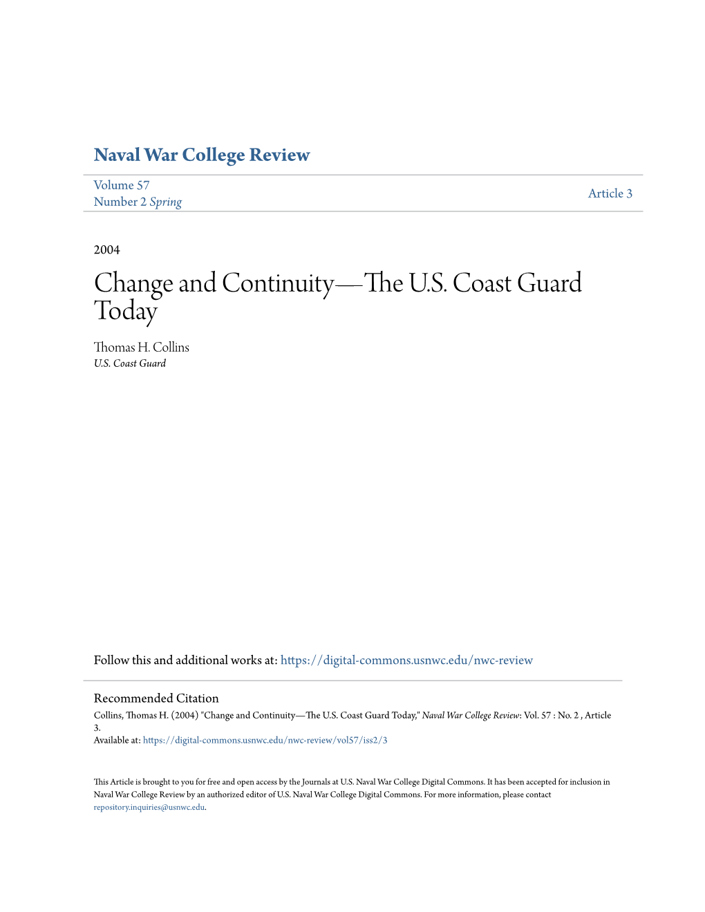 Change and Continuity—The U.S. Coast Guard Today