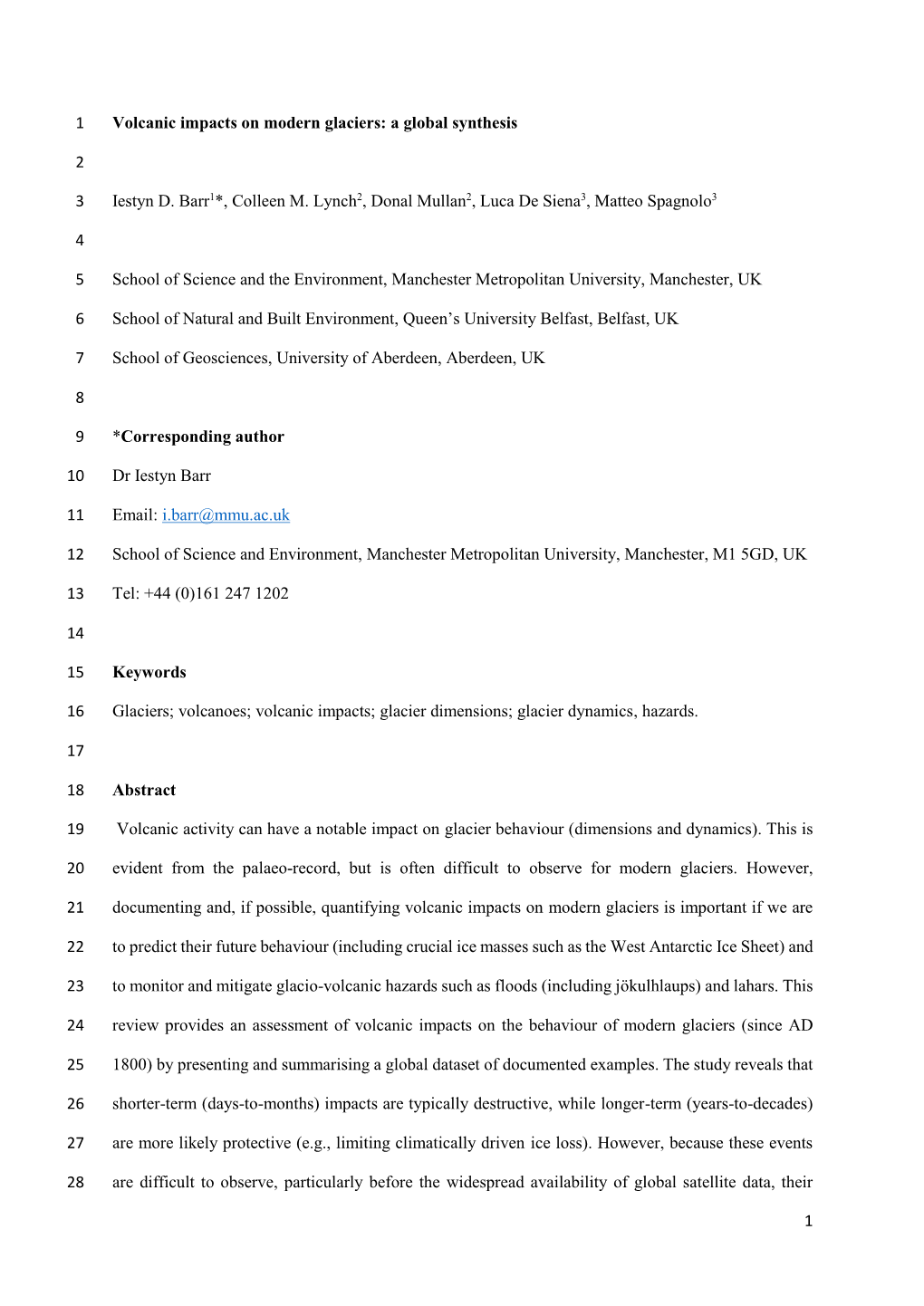 1 Volcanic Impacts on Modern Glaciers: a Global Synthesis