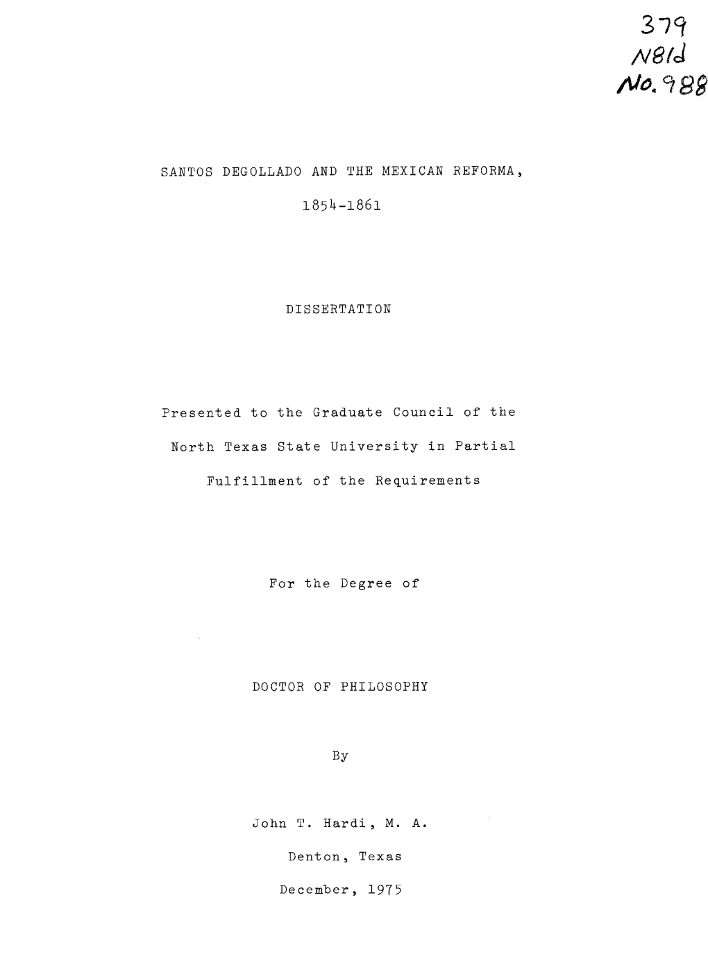 Santos Degollado and the Mexican Reforma, 1854-1861