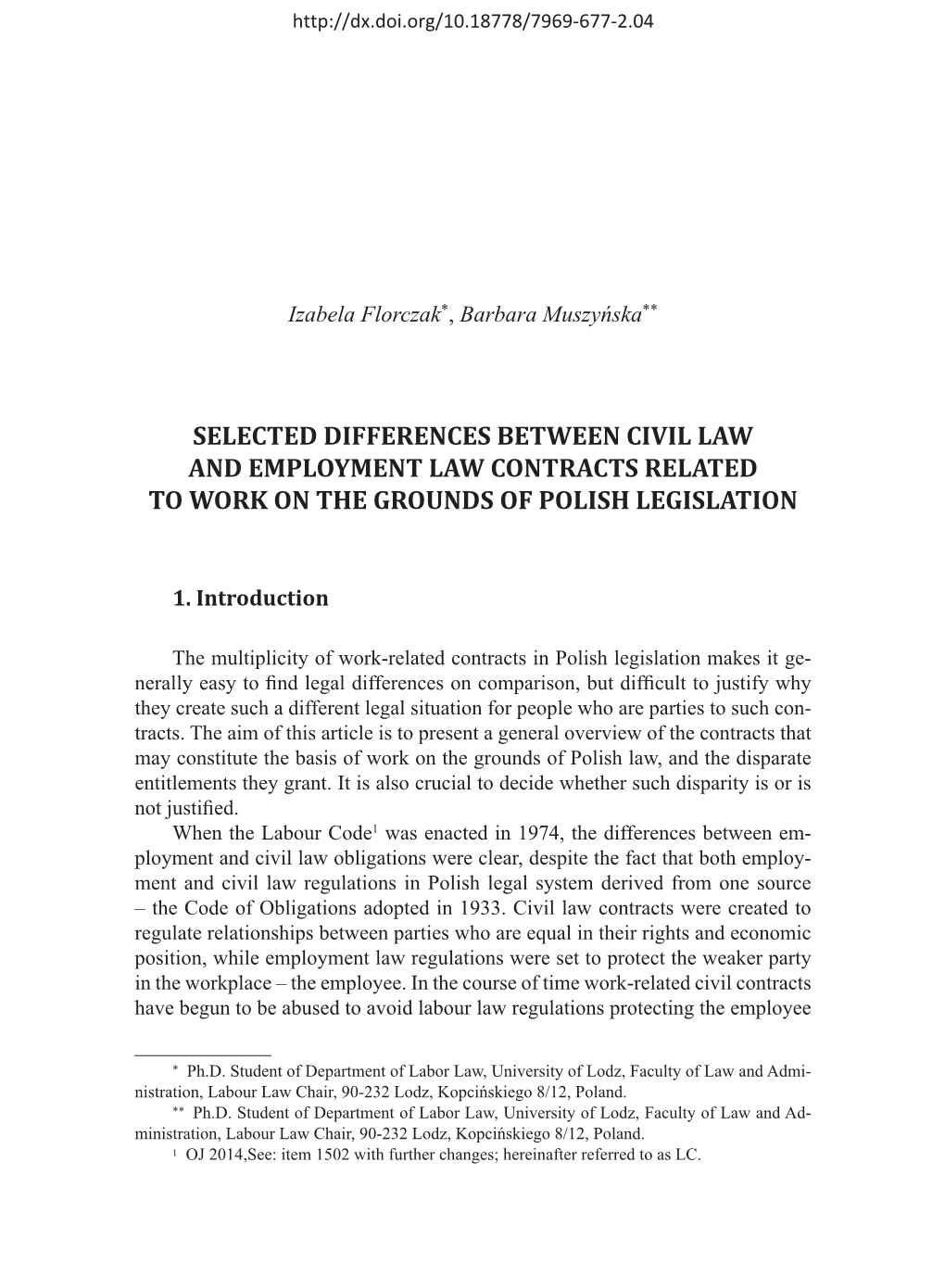 Selected Differences Between Civil Law and Employment Law Contracts Related to Work on the Grounds of Polish Legislation