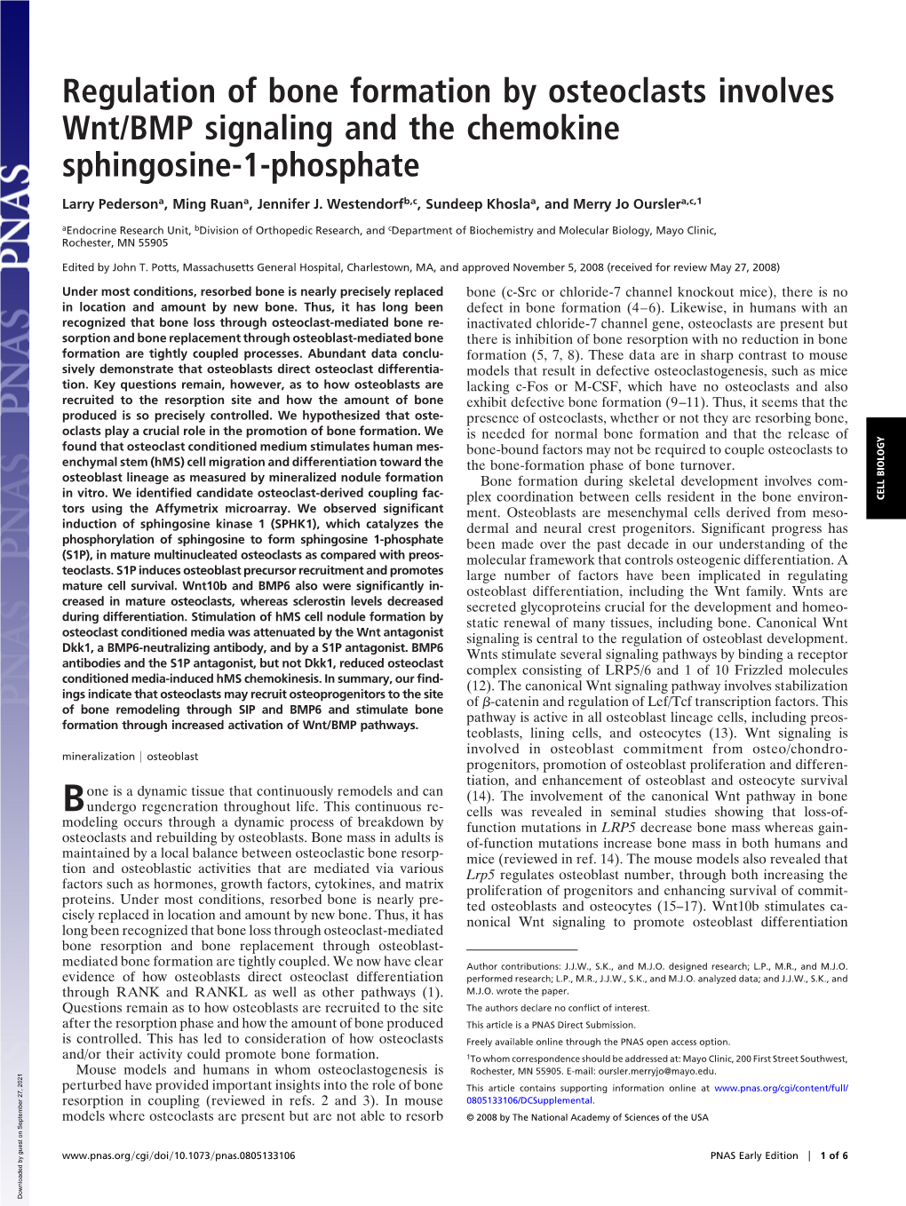 Regulation of Bone Formation by Osteoclasts Involves Wnt/BMP Signaling and the Chemokine Sphingosine-1-Phosphate