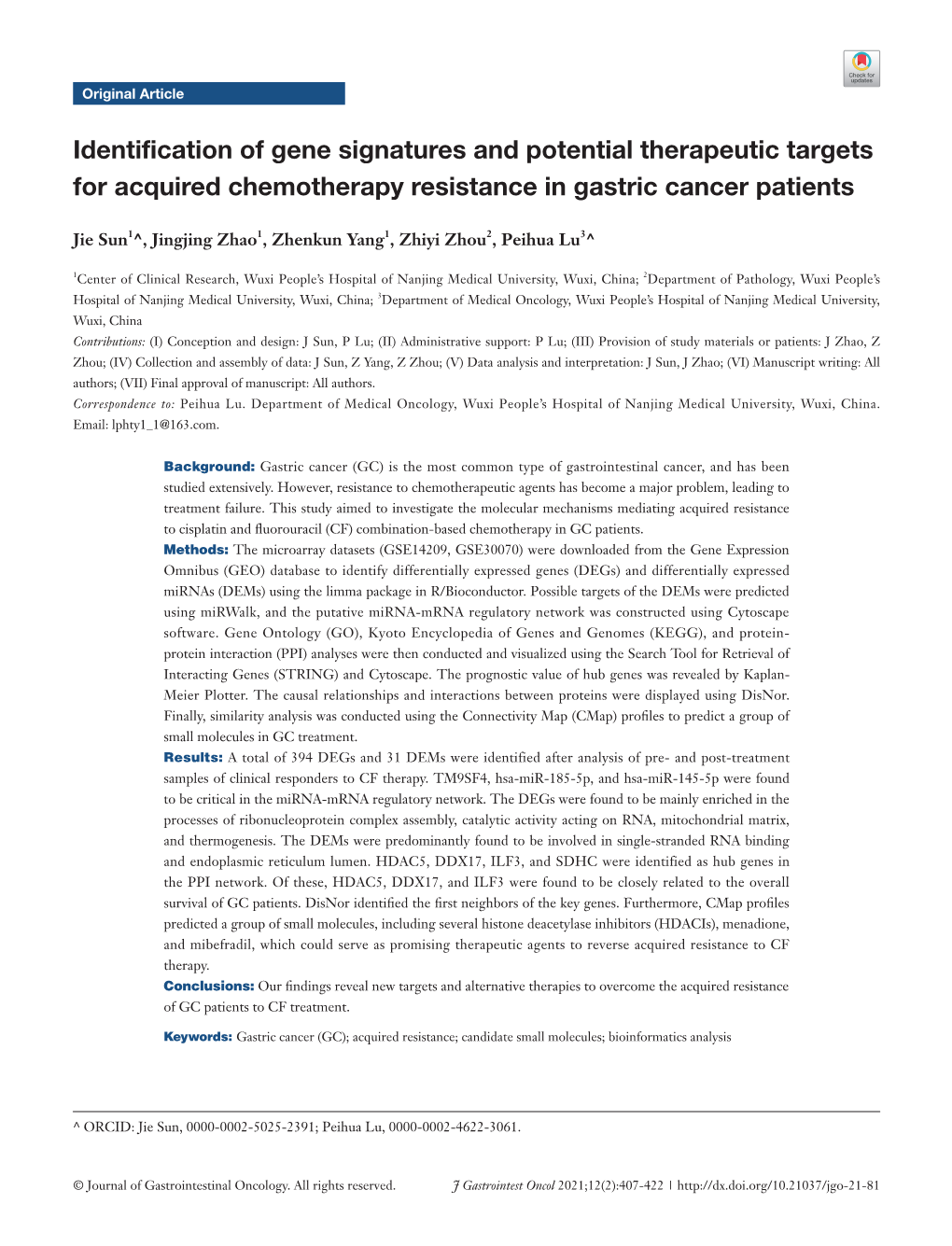 Identification of Gene Signatures and Potential Therapeutic Targets for Acquired Chemotherapy Resistance in Gastric Cancer Patients