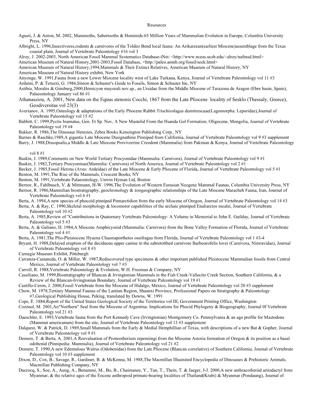 Athanassiou, A. 2001, New Data on the Equus Stenonis Cocchi, 1867 from the Late Pliocene Locality of Sesklo (Thessaly, Greece), Geodiversitas Vol 23(3) Averianov, A