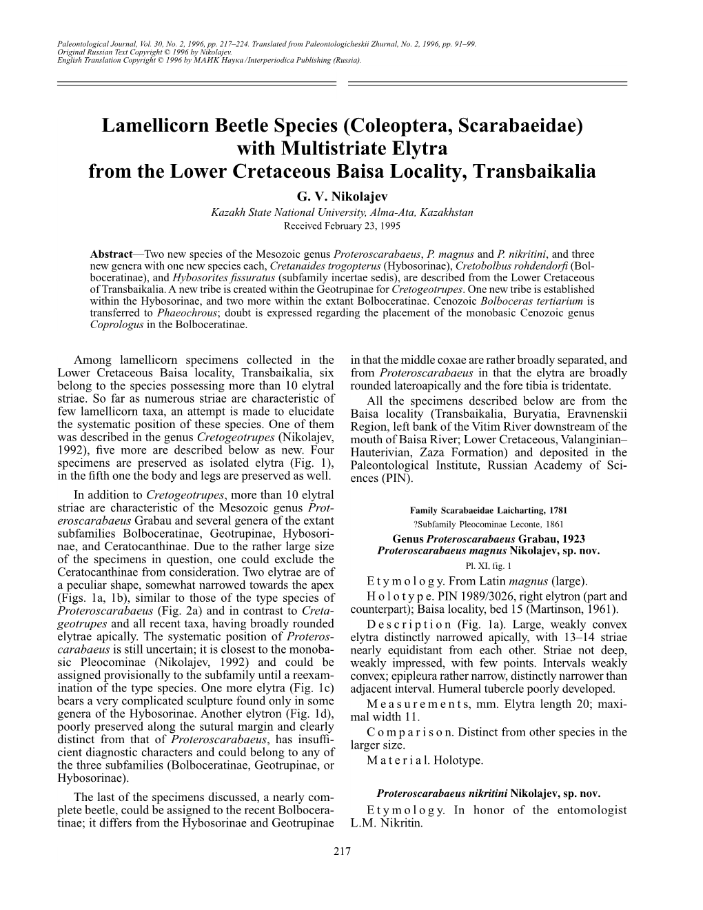 Lamellicorn Beetle Species (Coleoptera, Scarabaeidae) with Multistriate Elytra from the Lower Cretaceous Baisa Locality, Transbaikalia G