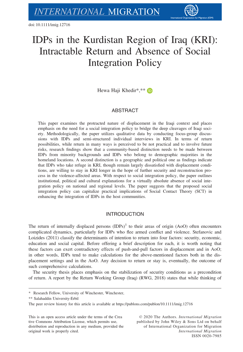 Idps in the Kurdistan Region of Iraq (KRI): Intractable Return and Absence of Social Integration Policy