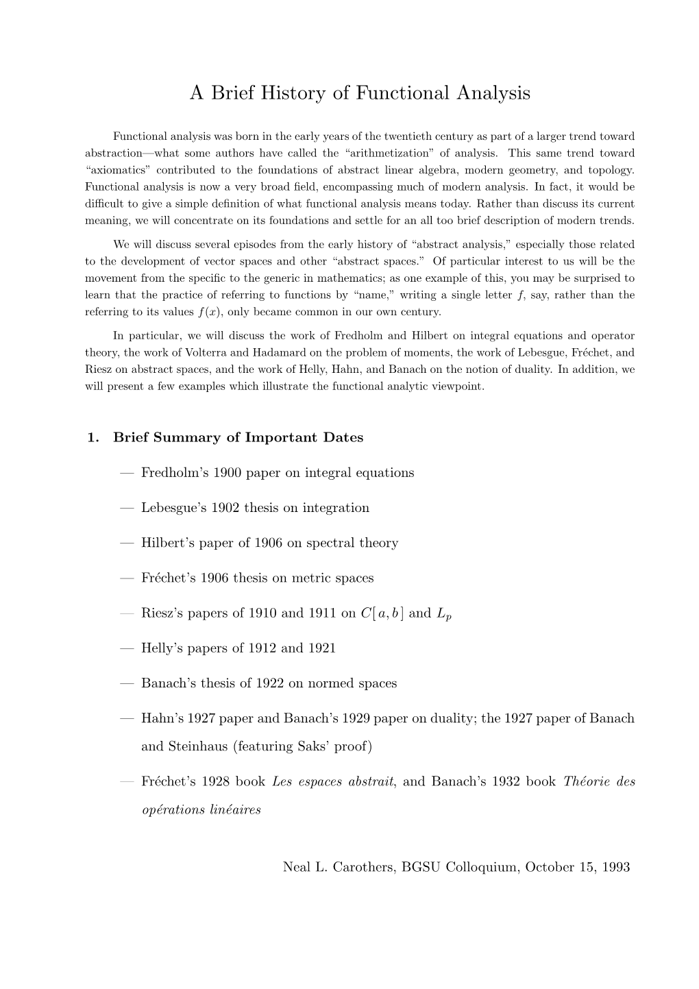 A Brief History of Functional Analysis