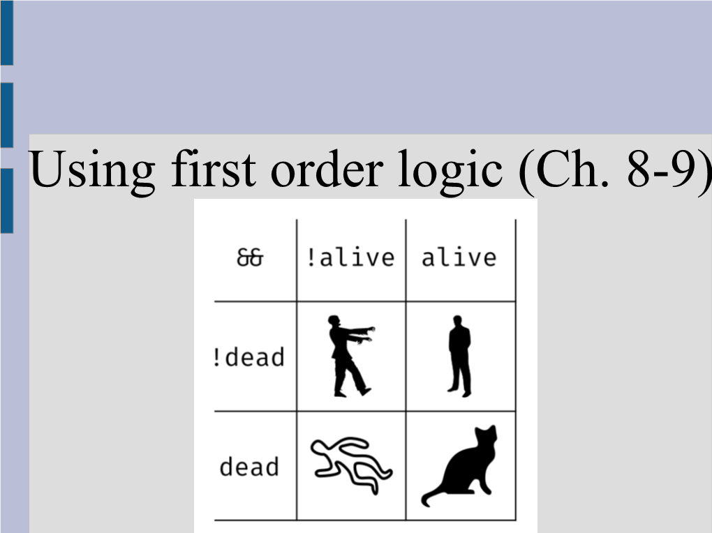 Using First Order Logic (Ch. 8-9) Review: First Order Logic