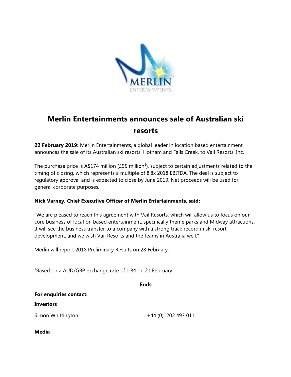 Merlin Entertainments Announces Sale of Australian Ski Resorts