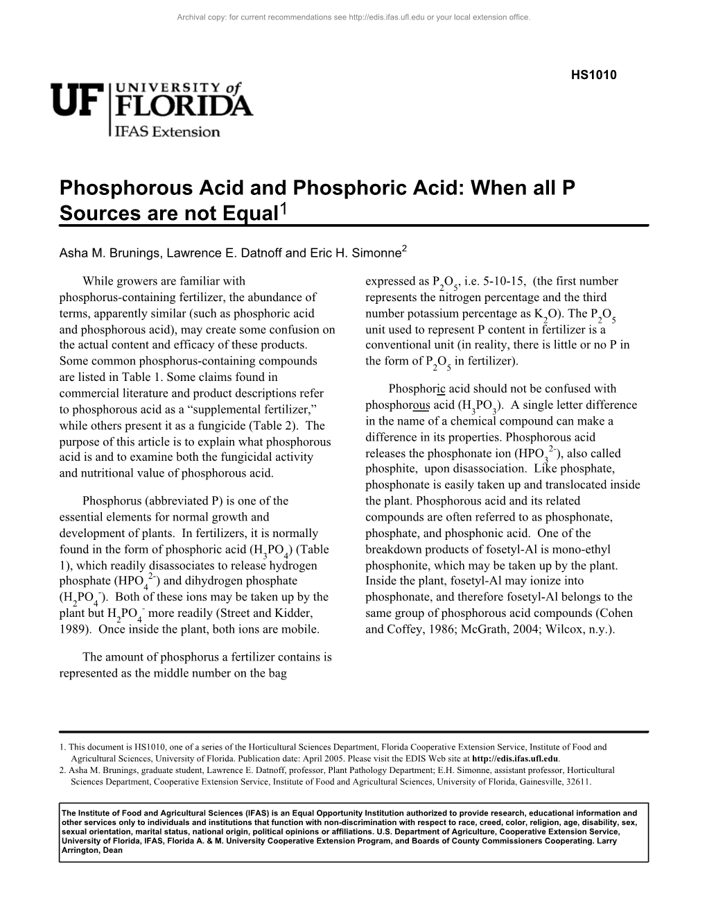 Phosphorous Acid and Phosphoric Acid: When All P Sources Are Not Equal1