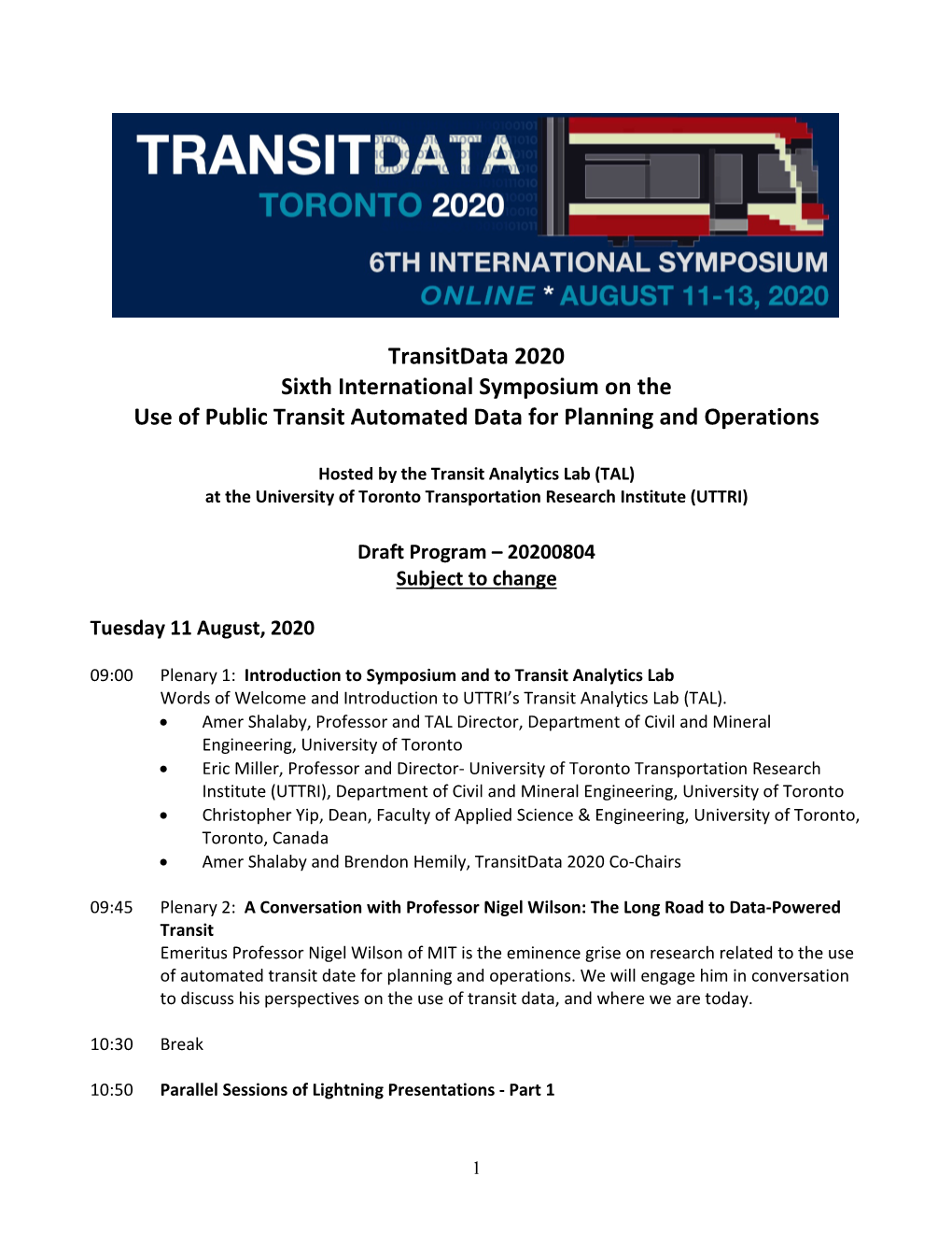 Transitdata 2020 Sixth International Symposium on the Use of Public Transit Automated Data for Planning and Operations