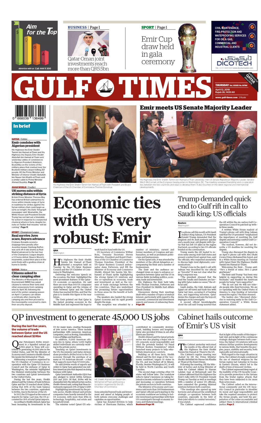 Emir Cup Draw Held in Gala Qatar-Oman Joint Investments Reach Ceremony More Than QR5.5Bn Published in QATAR Since 1978