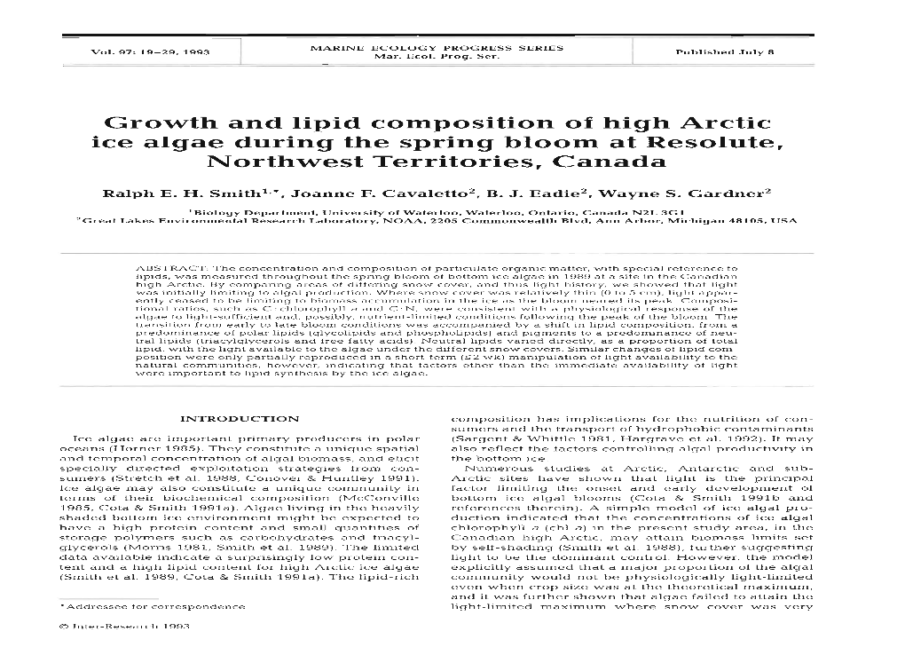 Growth and Lipid Composition of High Arctic Ice Algae During the Spring Bloom at Resolute, Northwest Territories, Canada