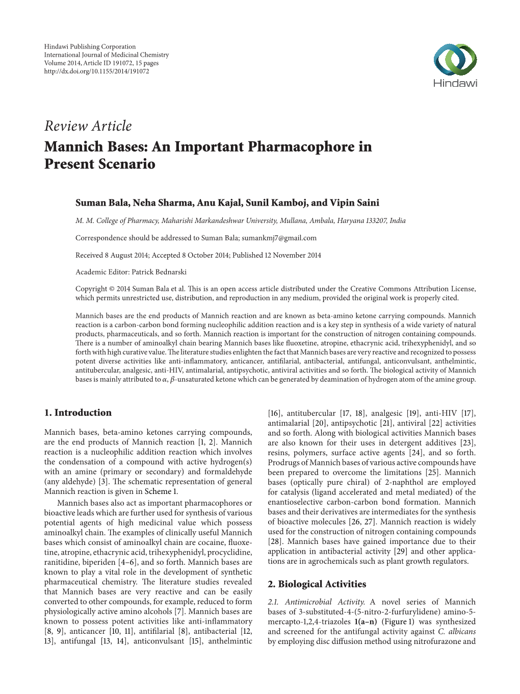 Review Article Mannich Bases: an Important Pharmacophore in Present Scenario