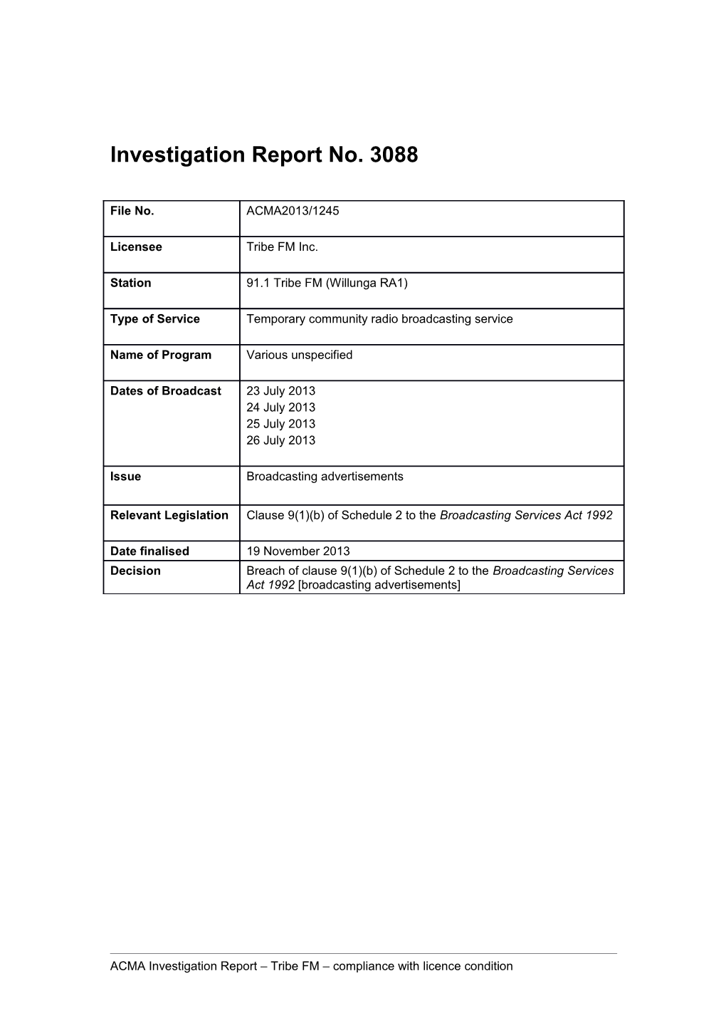 Investigation Report No. 3088