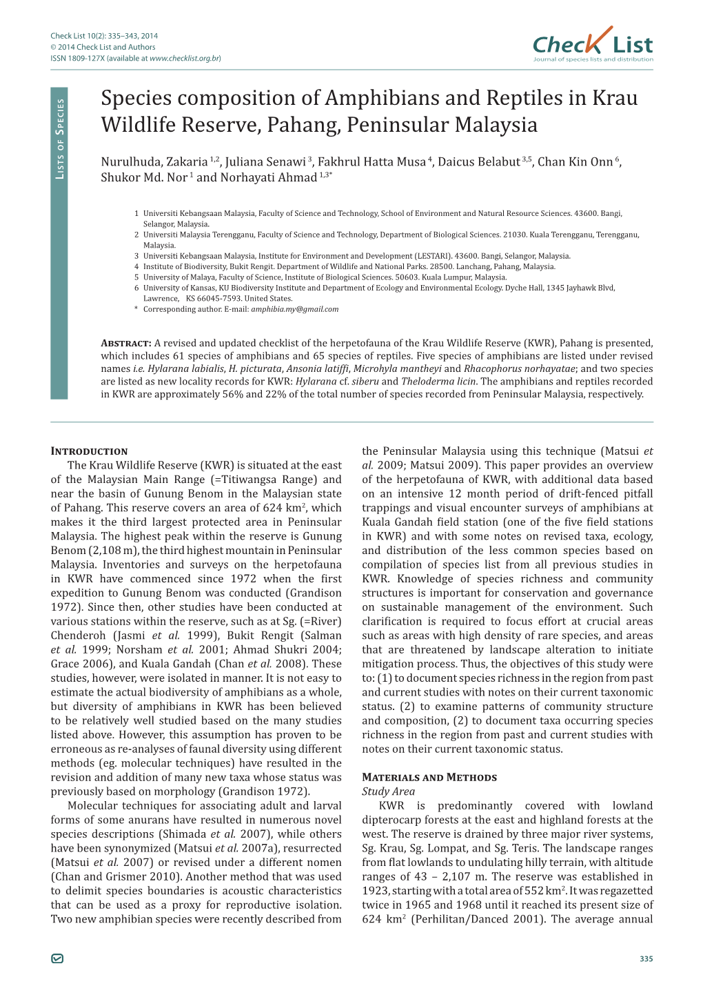 Chec List Species Composition of Amphibians and Reptiles in Krau