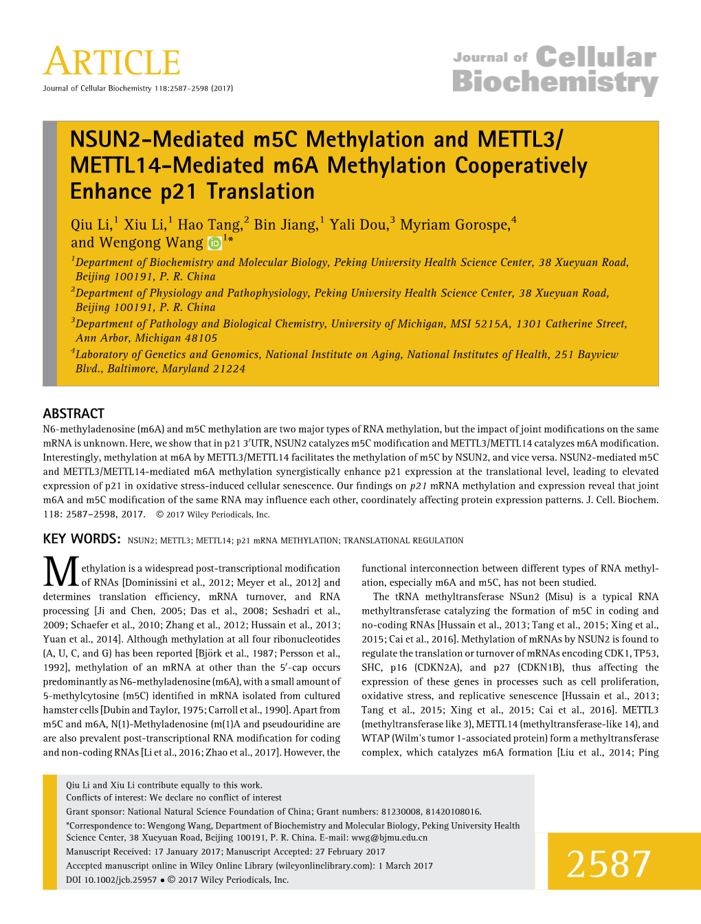 NSUN2-Mediated M5c Methylation and METTL3/METTL14-Mediated M6a Methylation Cooperatively Enhance P21 Translation