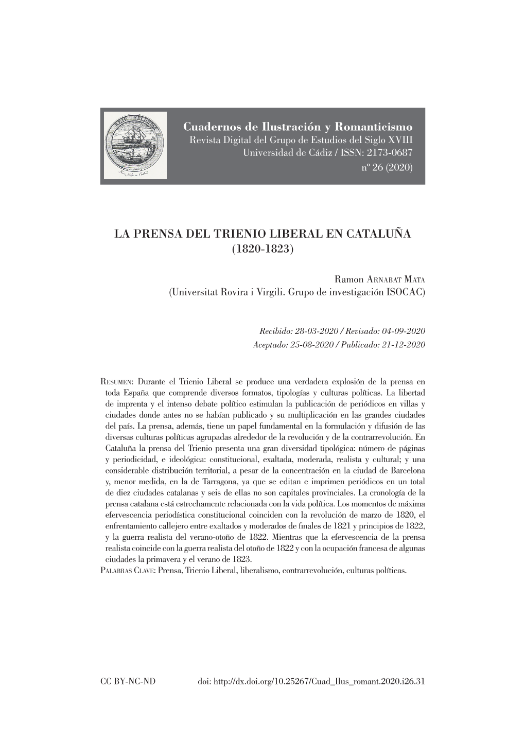 La Prensa Del Trienio Liberal En Cataluña (1820-1823)