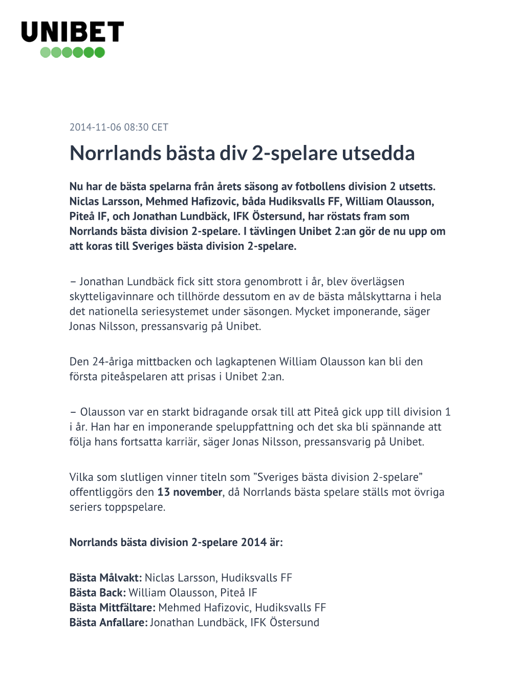 Norrlands Bästa Div 2-Spelare Utsedda