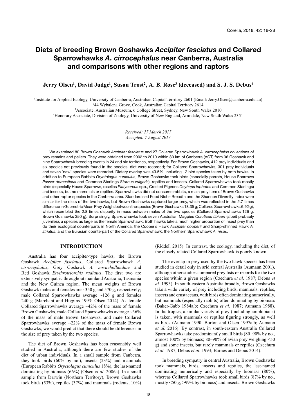Diets of Breeding Brown Goshawks Accipiter Fasciatus and Collared Sparrowhawks A