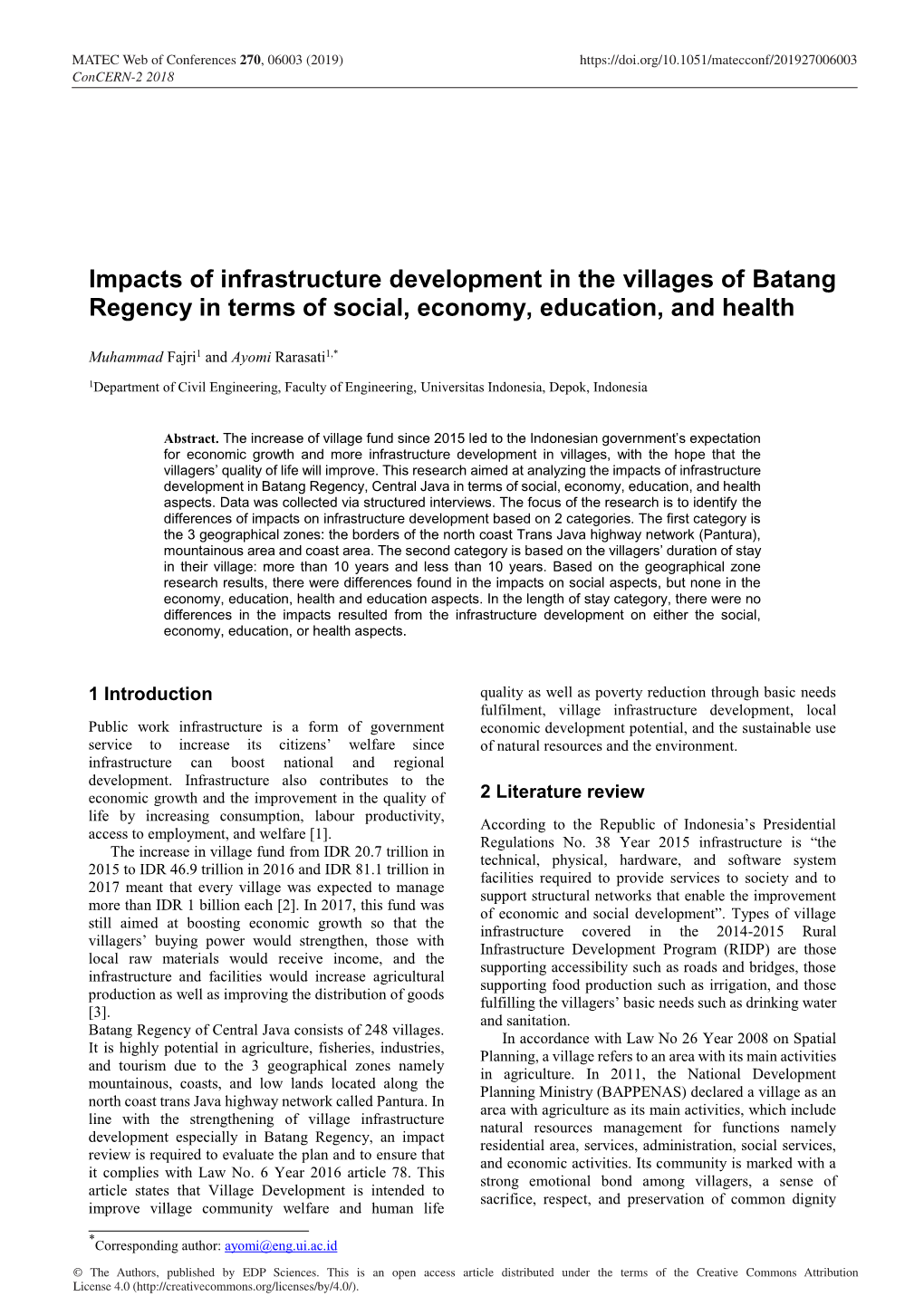 Impacts of Infrastructure Development in the Villages of Batang Regency in Terms of Social, Economy, Education, and Health