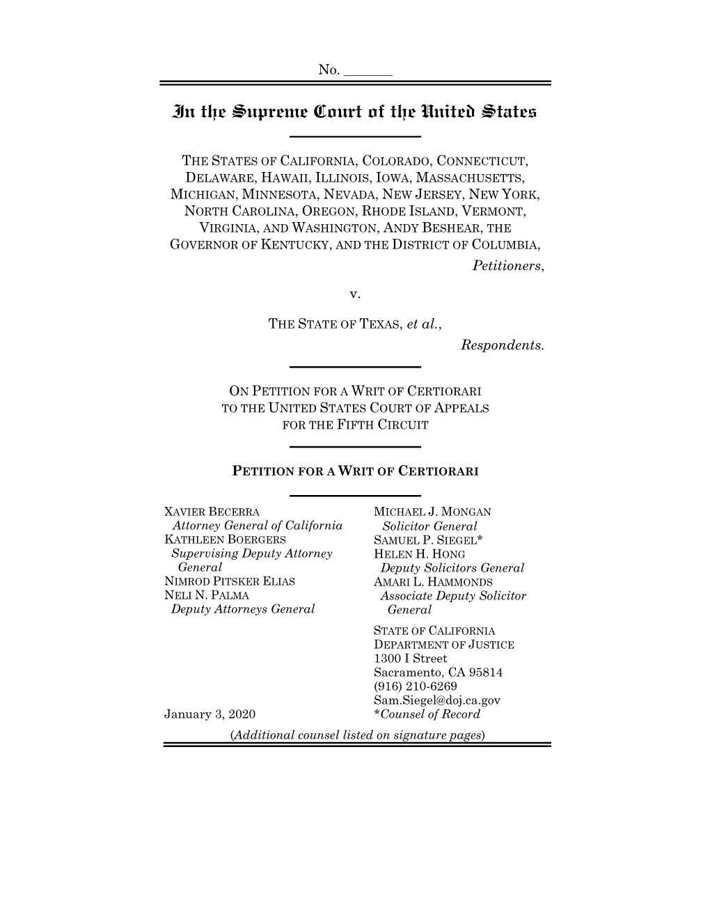 California V. Texas Petition for a Writ of Certiorari