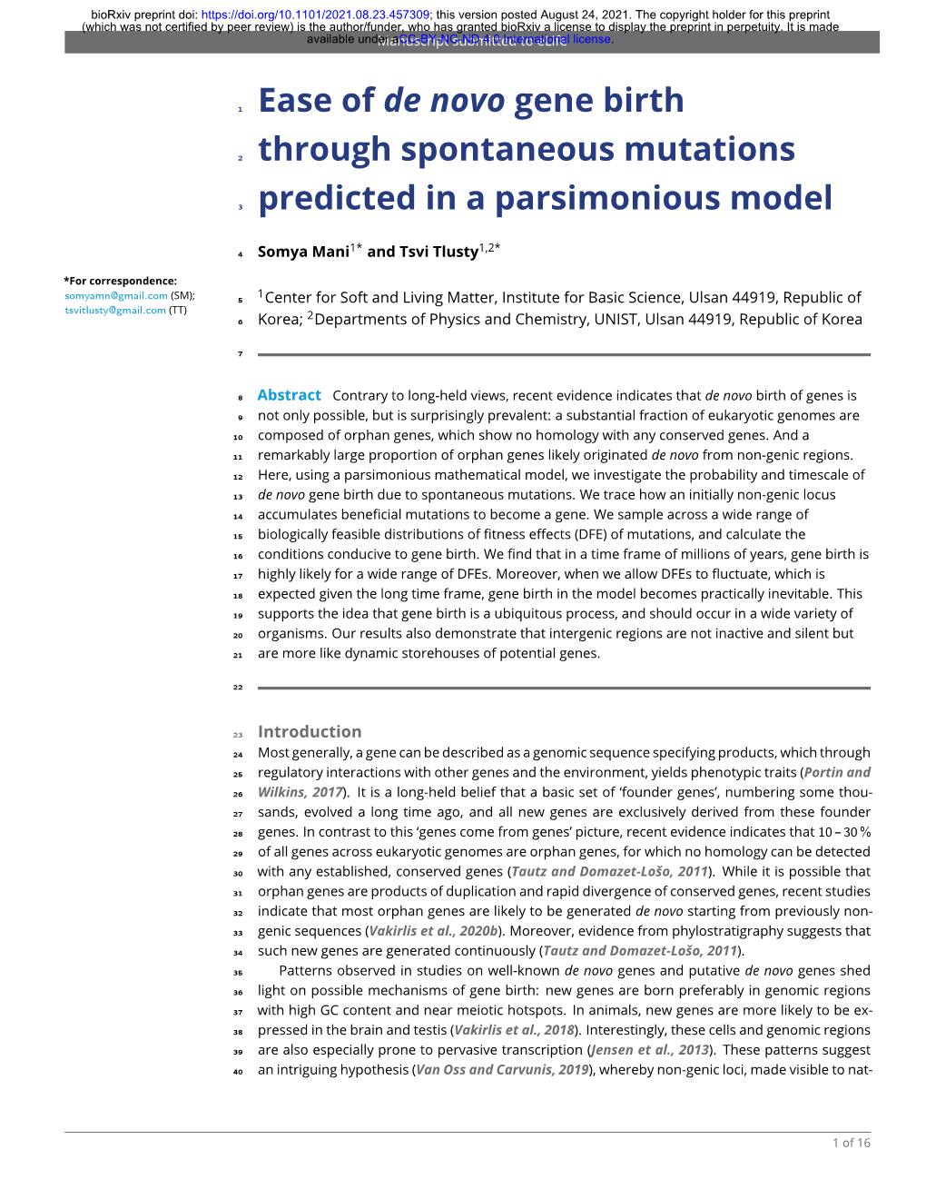 Ease of De Novo Gene Birth Through Spontaneous Mutations Predicted In