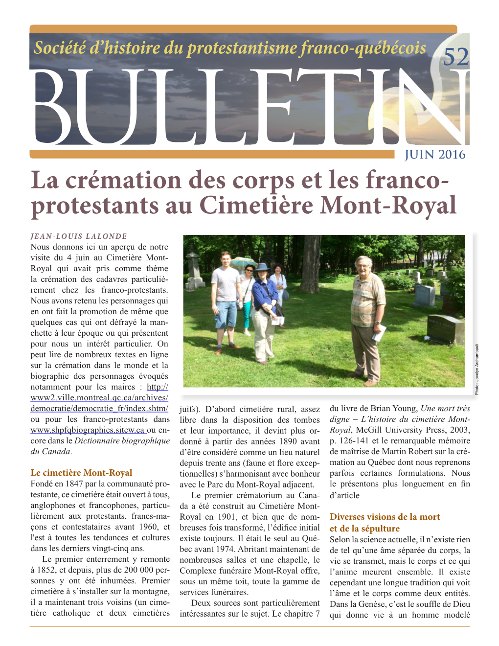 La Crémation Des Corps Et Les Franco- Protestants Au Cimetière Mont-Royal